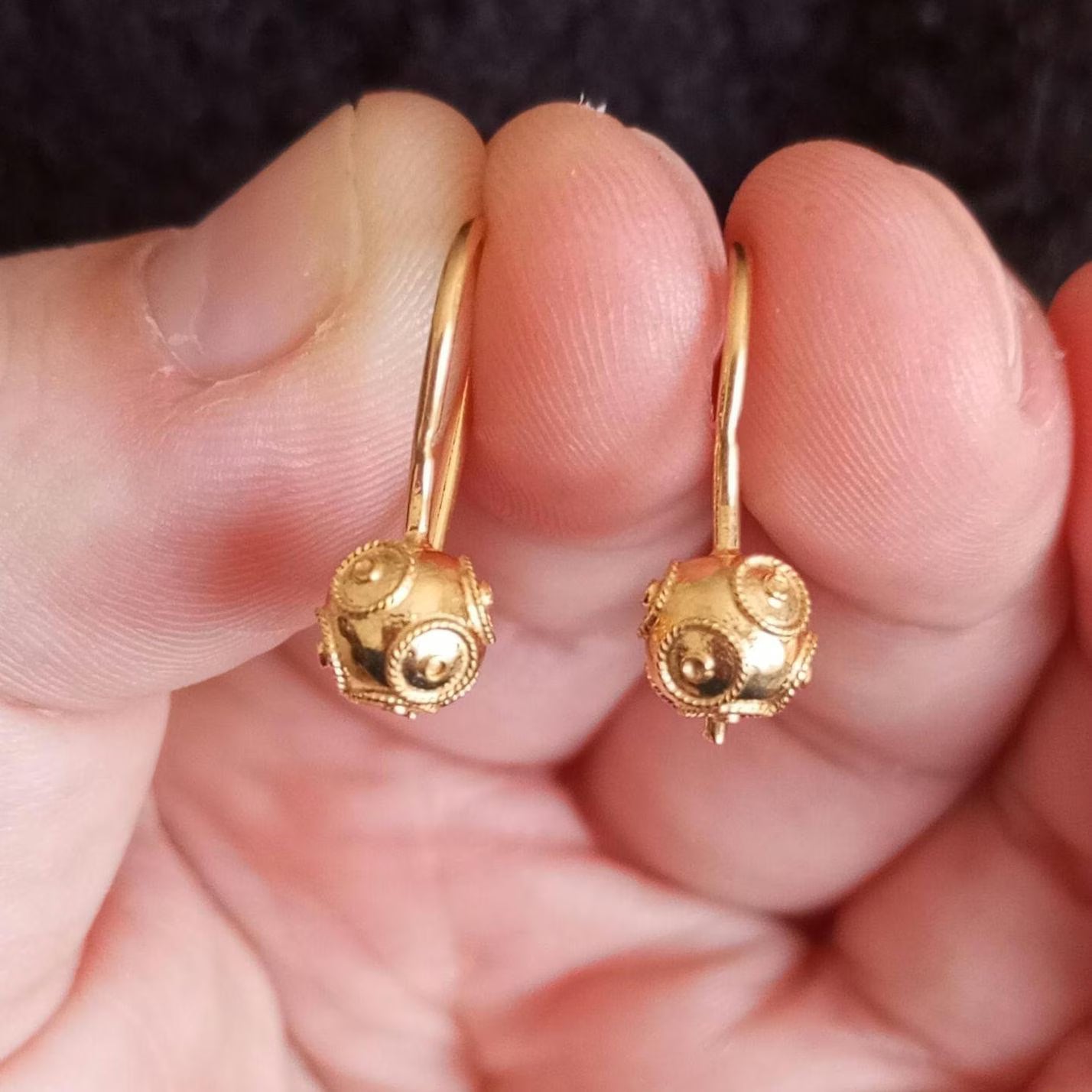 Gold-Vermeil Silver Filigree Viana Bead Hook Earrings Conta de Viana Portuguese Earrings