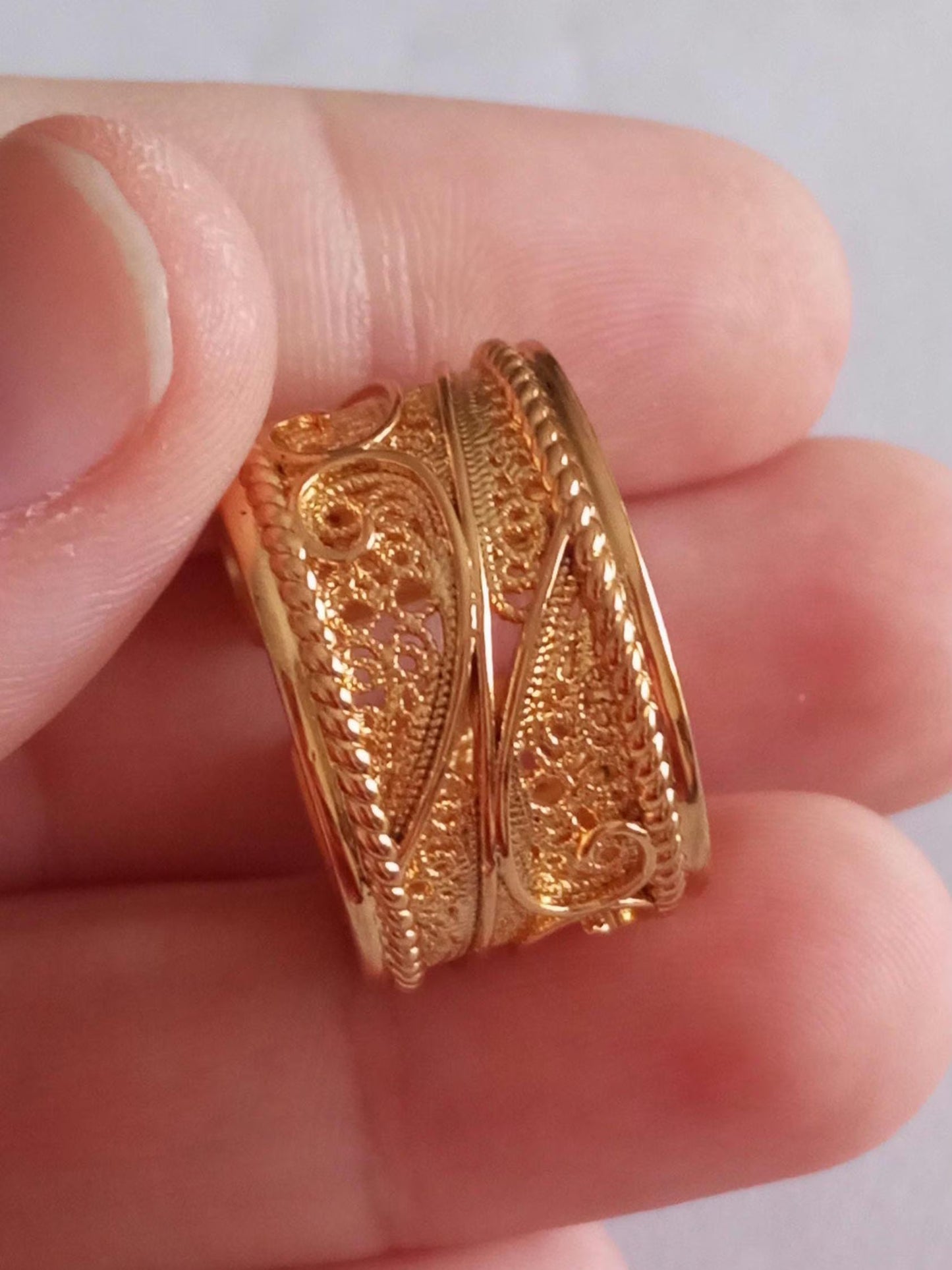 Goldplated Filigree Band Ring Stainless Steel Large Handmade Ring with 24Kts Gold