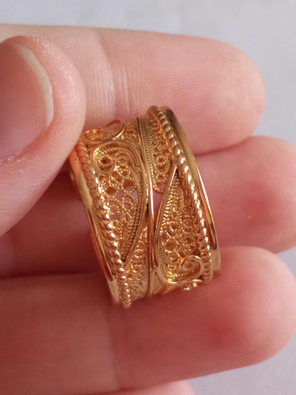 Goldplated Filigree Band Ring Stainless Steel Large Handmade Ring with 24Kts Gold