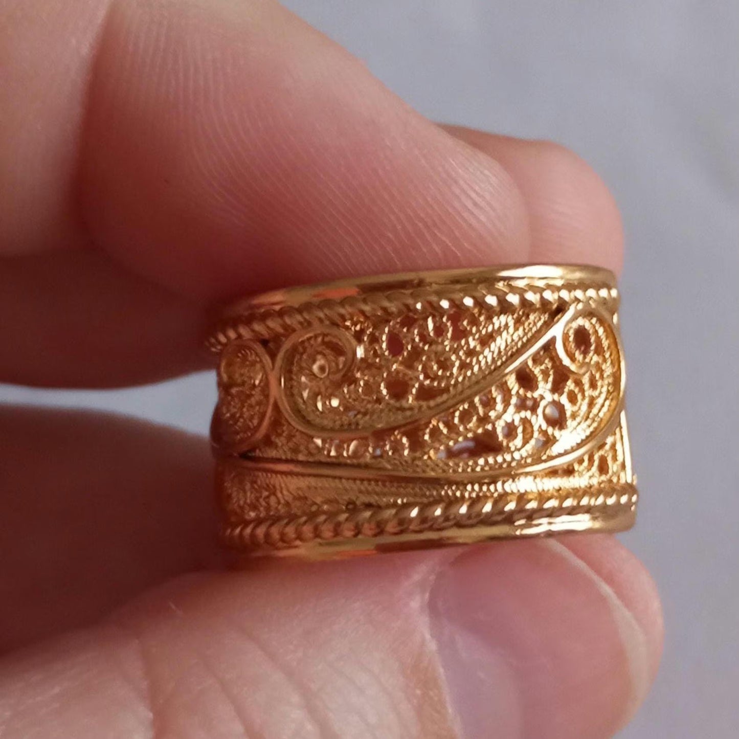 Goldplated Filigree Band Ring Stainless Steel Large Handmade Ring with 24Kts Gold
