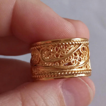 Goldplated Filigree Band Ring Stainless Steel Large Handmade Ring with 24Kts Gold