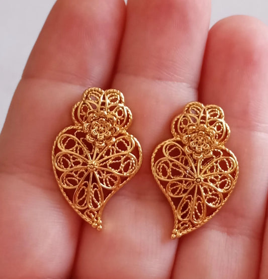 Goldfilled Stainless Steel Stud Earring Heart of Viana Filigree Style Portugal Made