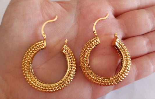 24Kt Goldfilled  Thick Hoops Stainless Steel Earring Ondulated Beaded "Carniceiras"