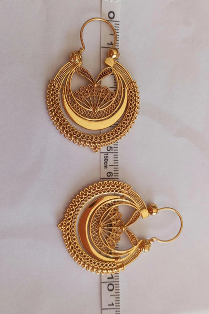 Portuguese Earrings in 24 Karat Gold, Stainless Steel Filigree Hoop Earrings, Traditional Regional Gold Jewelry from Minho