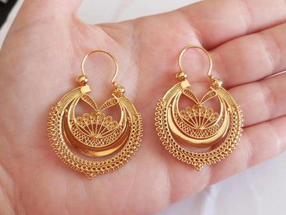 Portuguese Earrings in 24 Karat Gold, Stainless Steel Filigree Hoop Earrings, Traditional Regional Gold Jewelry from Minho