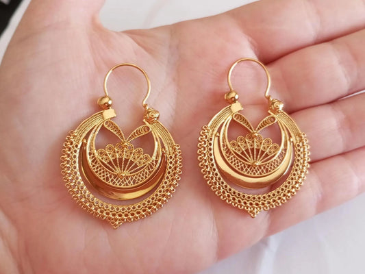 Portuguese Earrings in 24 Karat Gold, Stainless Steel Filigree Hoop Earrings, Traditional Regional Gold Jewelry from Minho