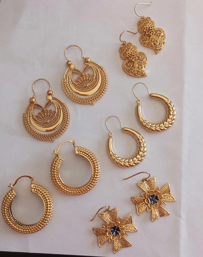 Portuguese Earrings in 24 Karat Gold, Stainless Steel Filigree Hoop Earrings, Traditional Regional Gold Jewelry from Minho