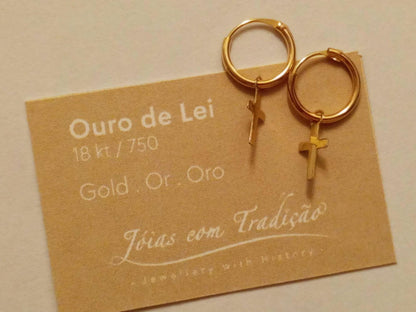 Brincos de ouro verdadeiro 18K, cruz, unisexe, pequenos, amarelo, ouro 750, crucifixo, joias religiosas, presente de ouro, joias cristãs, homens, tachas