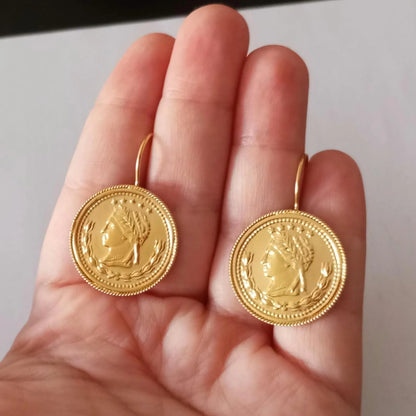 Gold-Vermeil Coin Earring Vintage Style Sovereign Inspired Portuguese Earrings
