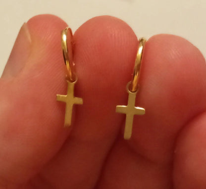 Brincos de ouro verdadeiro 18K, cruz, unisexe, pequenos, amarelo, ouro 750, crucifixo, joias religiosas, presente de ouro, joias cristãs, homens, tachas