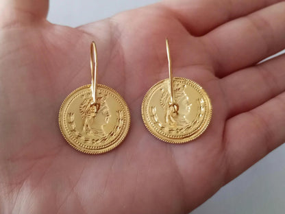 Gold-Vermeil Coin Earring Vintage Style Sovereign Inspired Portuguese Earrings