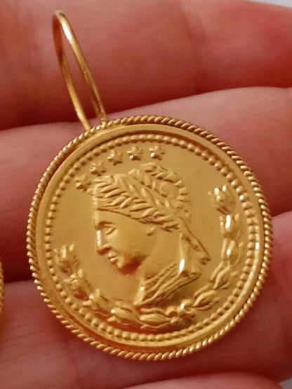 Gold-Vermeil Coin Earring Vintage Style Sovereign Inspired Portuguese Earrings