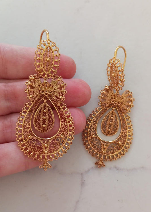 24 Kts Portuguese Princess Traditional Filigree Goldfilled Earrings Maxi Size