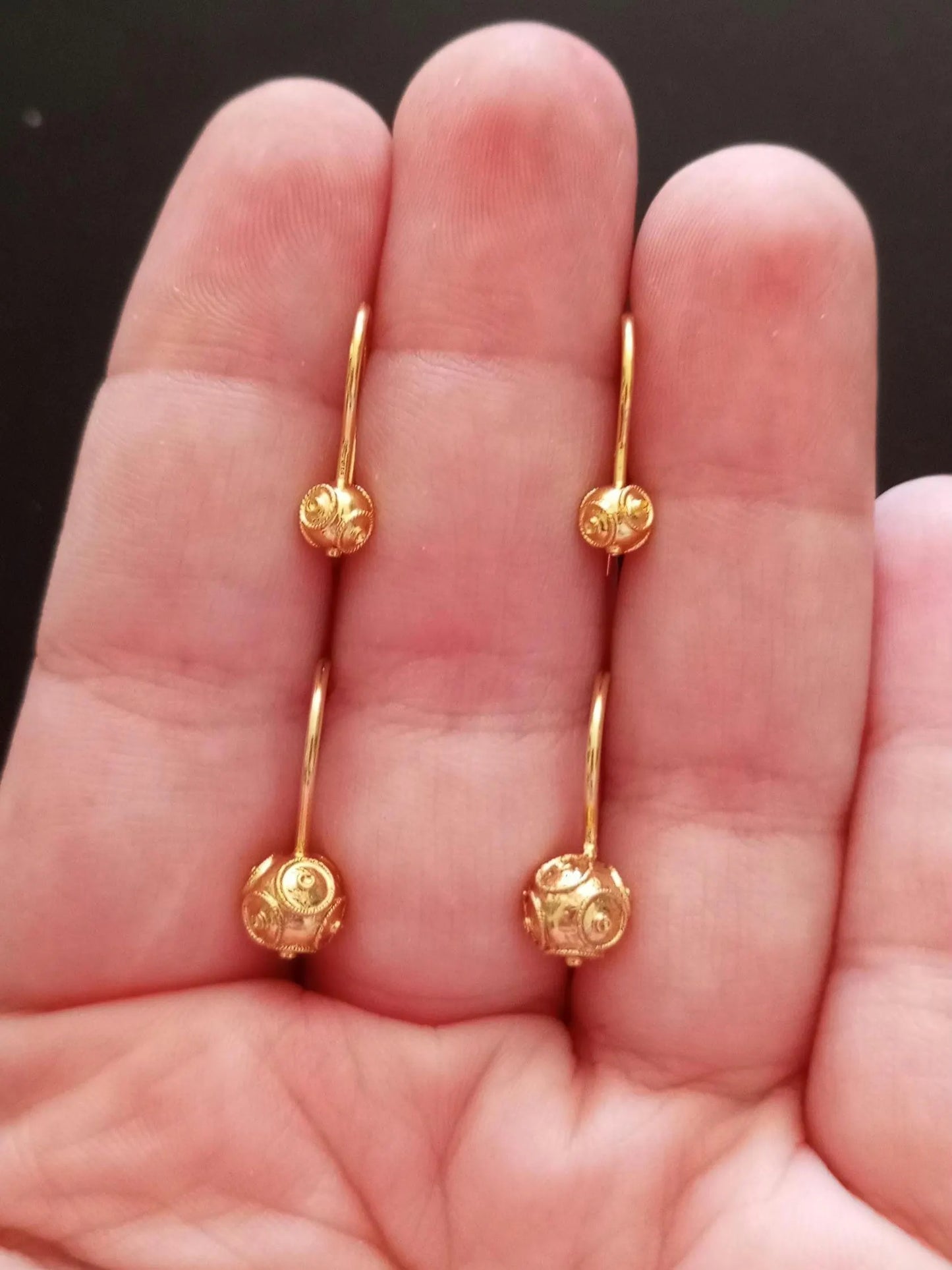 Solid Gold Portuguese Filigree Viana Bead Hook Earrings