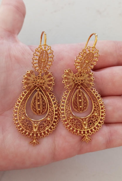 24 Kts Portuguese Princess Traditional Filigree Goldfilled Earrings Maxi Size