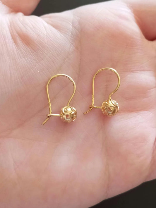 Solid Gold Portuguese Filigree Viana Bead Hook Earrings