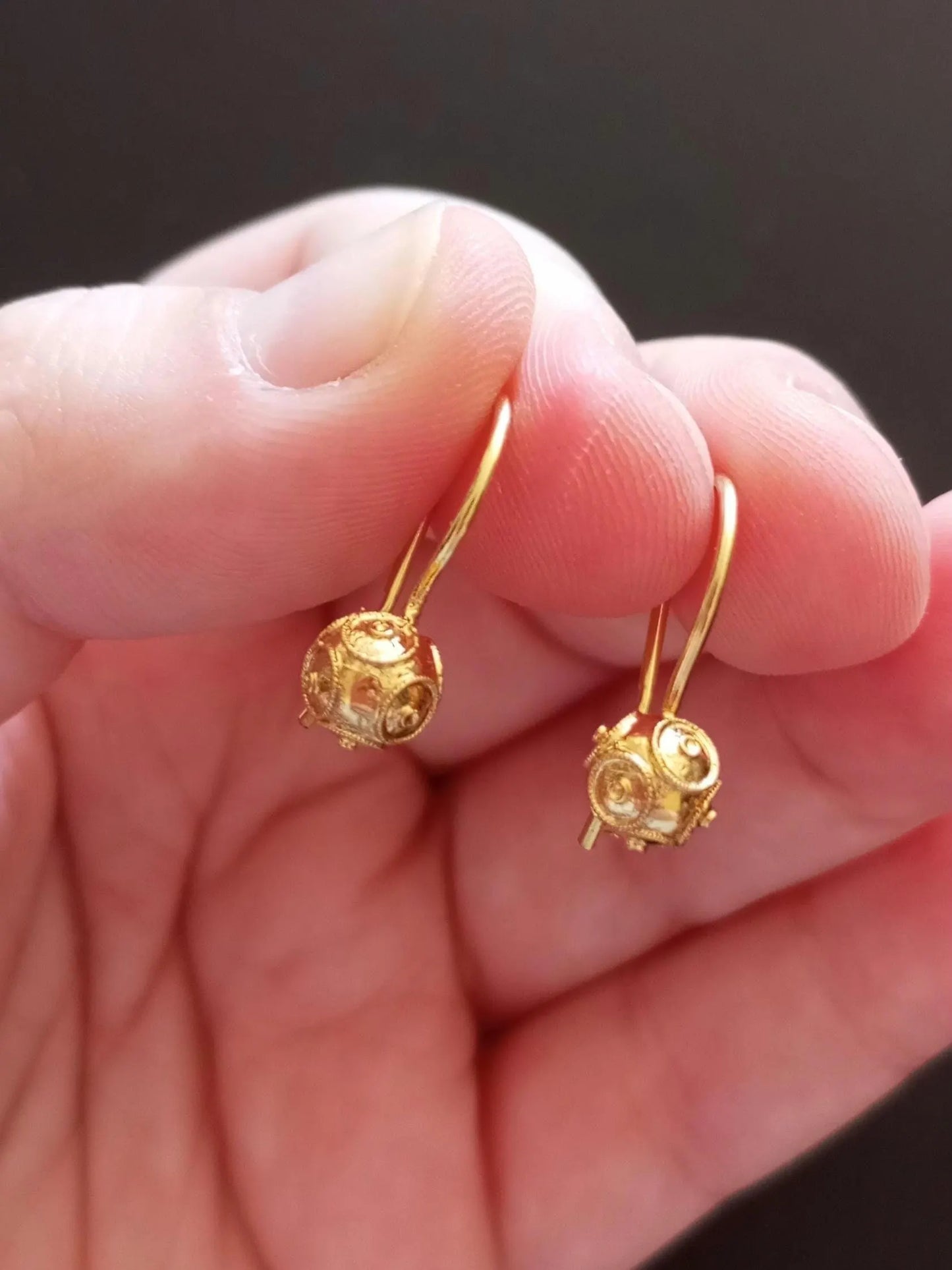 Solid Gold Portuguese Filigree Viana Bead Hook Earrings