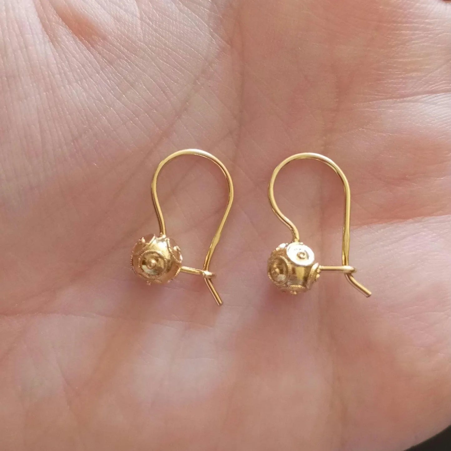Solid Gold Portuguese Filigree Viana Bead Hook Earrings