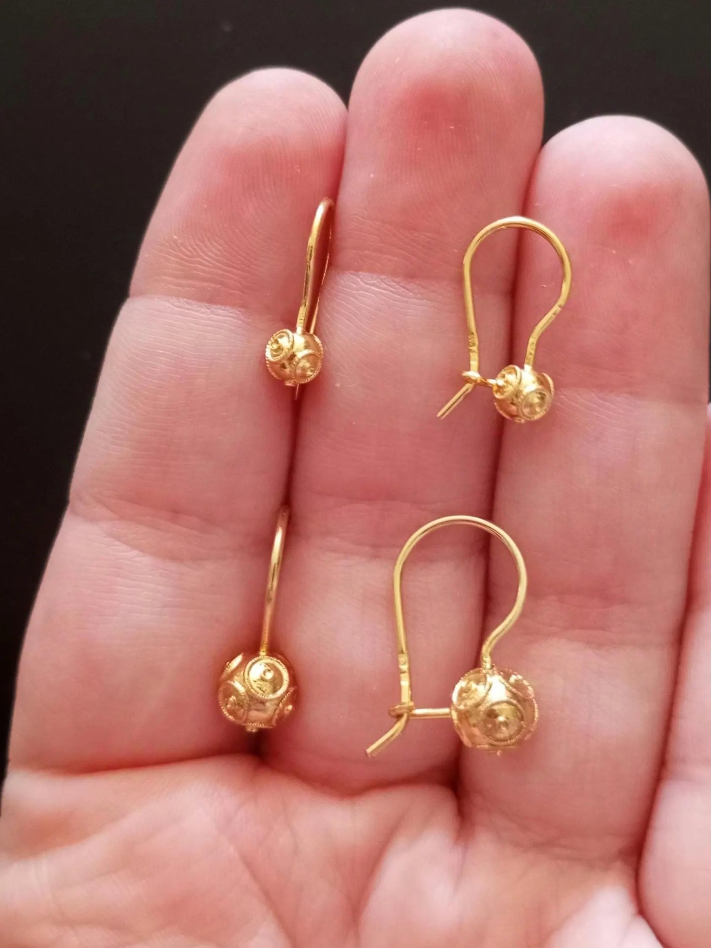 Solid Gold Portuguese Filigree Viana Bead Hook Earrings