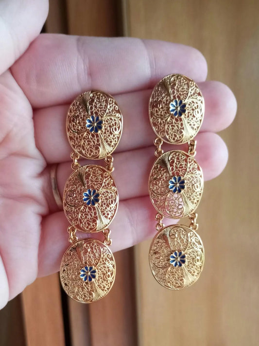 Portuguese Filigree Gold Filled Long Oval Dangling  Earrings Oval