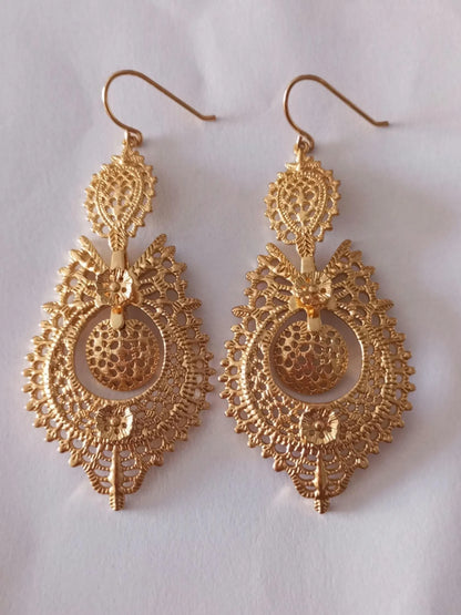 Boucles d'oreilles filigranes maxi reine portugaise en or rempli 24 carats, faites à la main