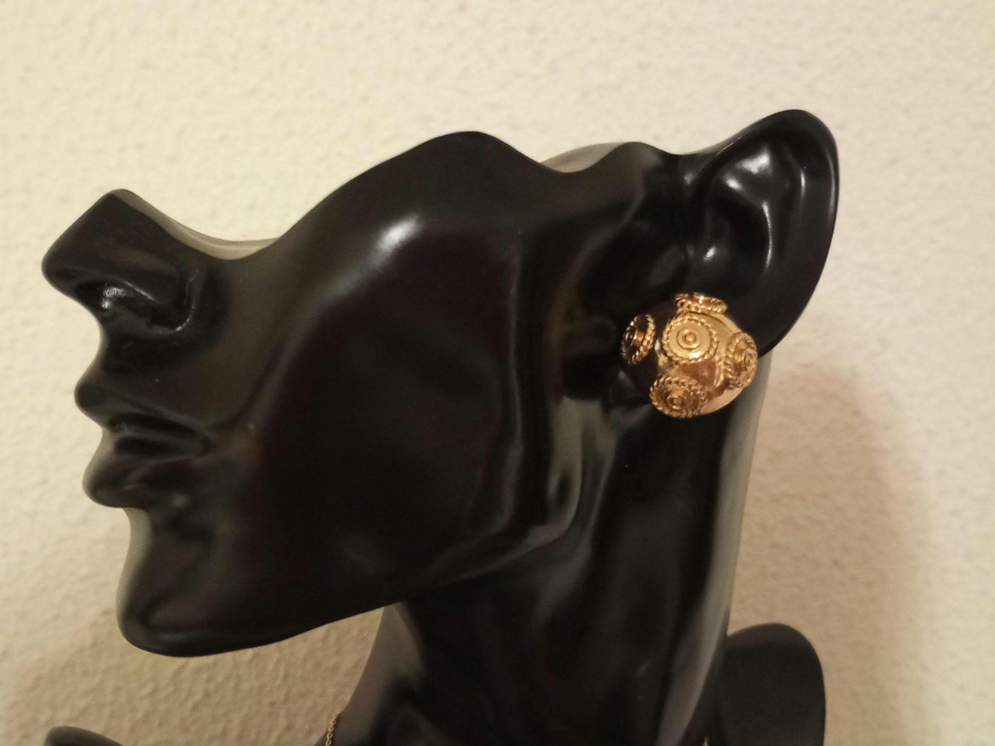 Filigree Earrings 24 Carats Goldfilled Half Bead of Viana Portuguese Stud Gilded Stainless Steel Jewellery