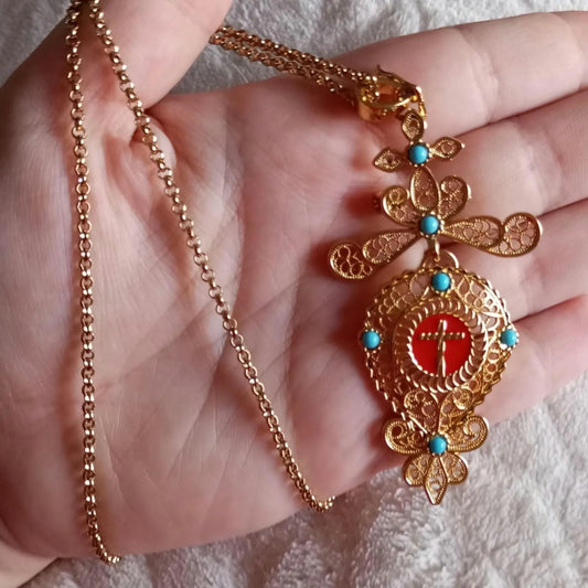 24Kt Filigree Pendant Religious Reliquary Brooch Maxi Size Gold filled