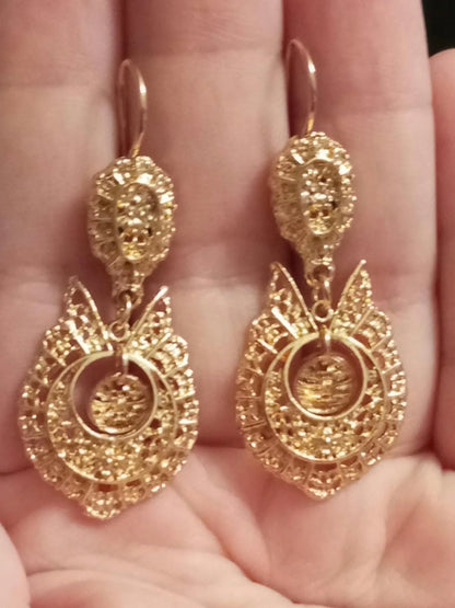 Portuguese Jewelry Lowcost Handmade Golden Metal Queen  Filigree Style Cute Big Hook Earring ZAMAK