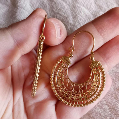 Brincos de argola em filigrana portuguesa em ouro 24 quilates e aço inoxidável Minho Jewelry
