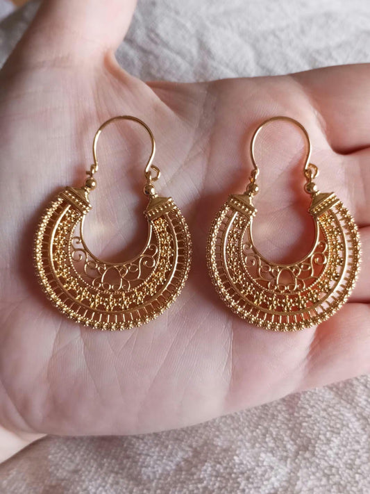 Portuguese Filigree Hoop Earrings in 24 Karat Gold Stainless Steel Minho Jewelry