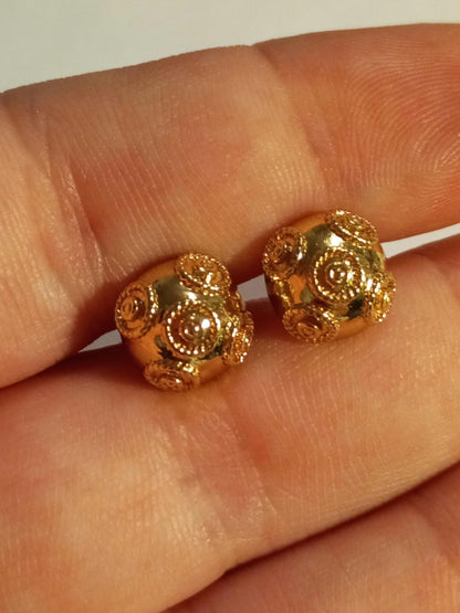 Filigree Earrings 24 Carats Goldfilled Half Bead of Viana Portuguese Stud Gilded Stainless Steel Jewellery