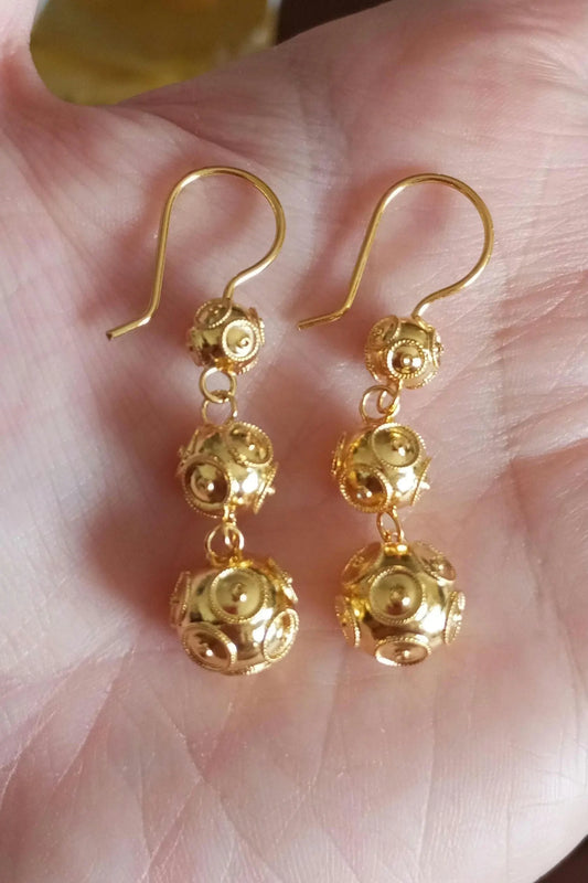 Portuguese Vintage Style Filigree 3 Dangling "Viana Beads" in Gold-Vermeil Silver