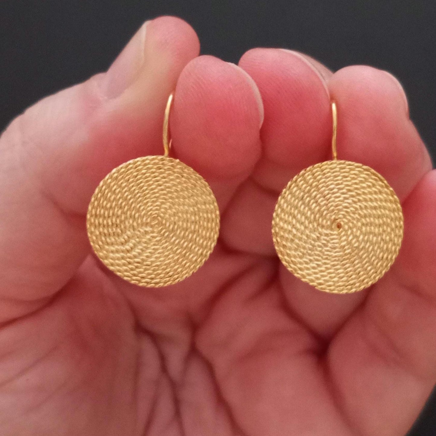 Portuguese Filigree Gold-Vermeil Twisted Thread Earrings Handmade Filagree Basketwork Style