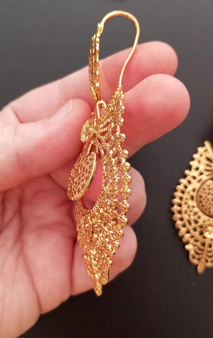 Boucles d'oreilles filigranes SuperMaxi Queen portugaises en or rempli 24 carats, faites à la main