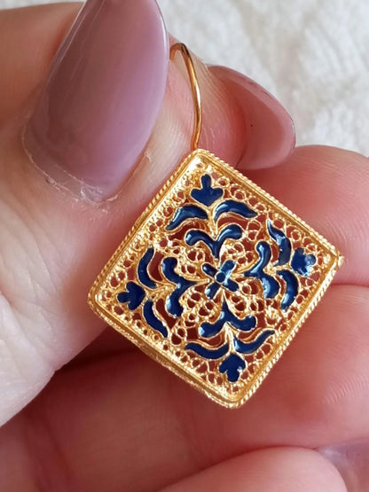 Gold-Vermeil Filigree Handpainted Enamel Tile Inspired Earrings