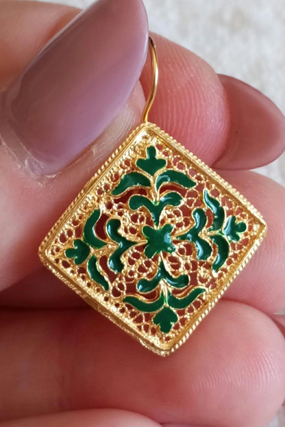 Gold-Vermeil Filigree Handpainted Enamel Tile Inspired Earrings