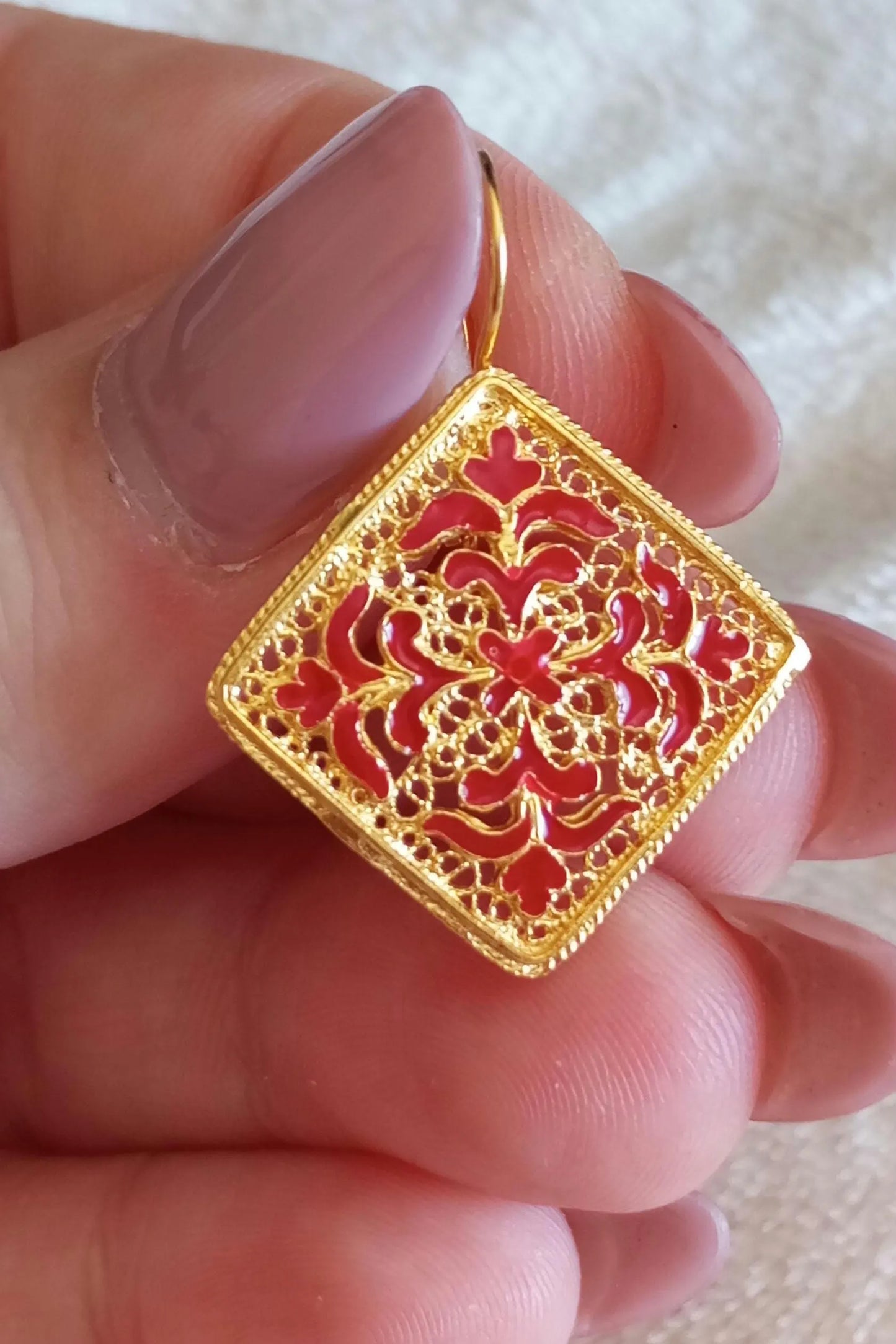 Gold-Vermeil Filigree Handpainted Enamel Tile Inspired Earrings