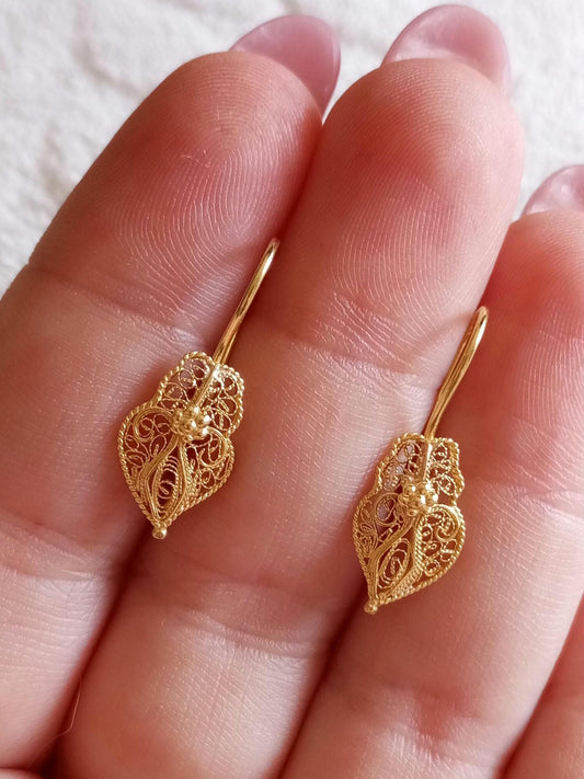 Handmade 19K Gold Filigree Heart Earrings, Portuguese Viana Design