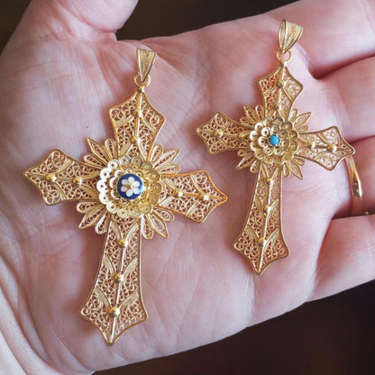 Handmade Big Cross Portuguese Filigree Gold-Vermeil Silver Pendant