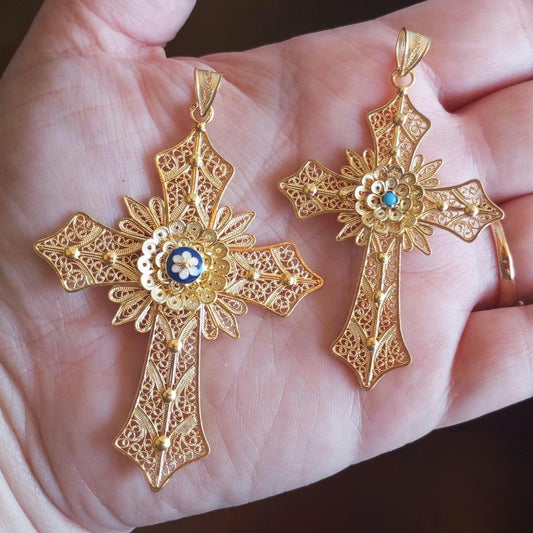 Handmade Big Cross Portuguese Filigree Gold-Vermeil Silver Pendant