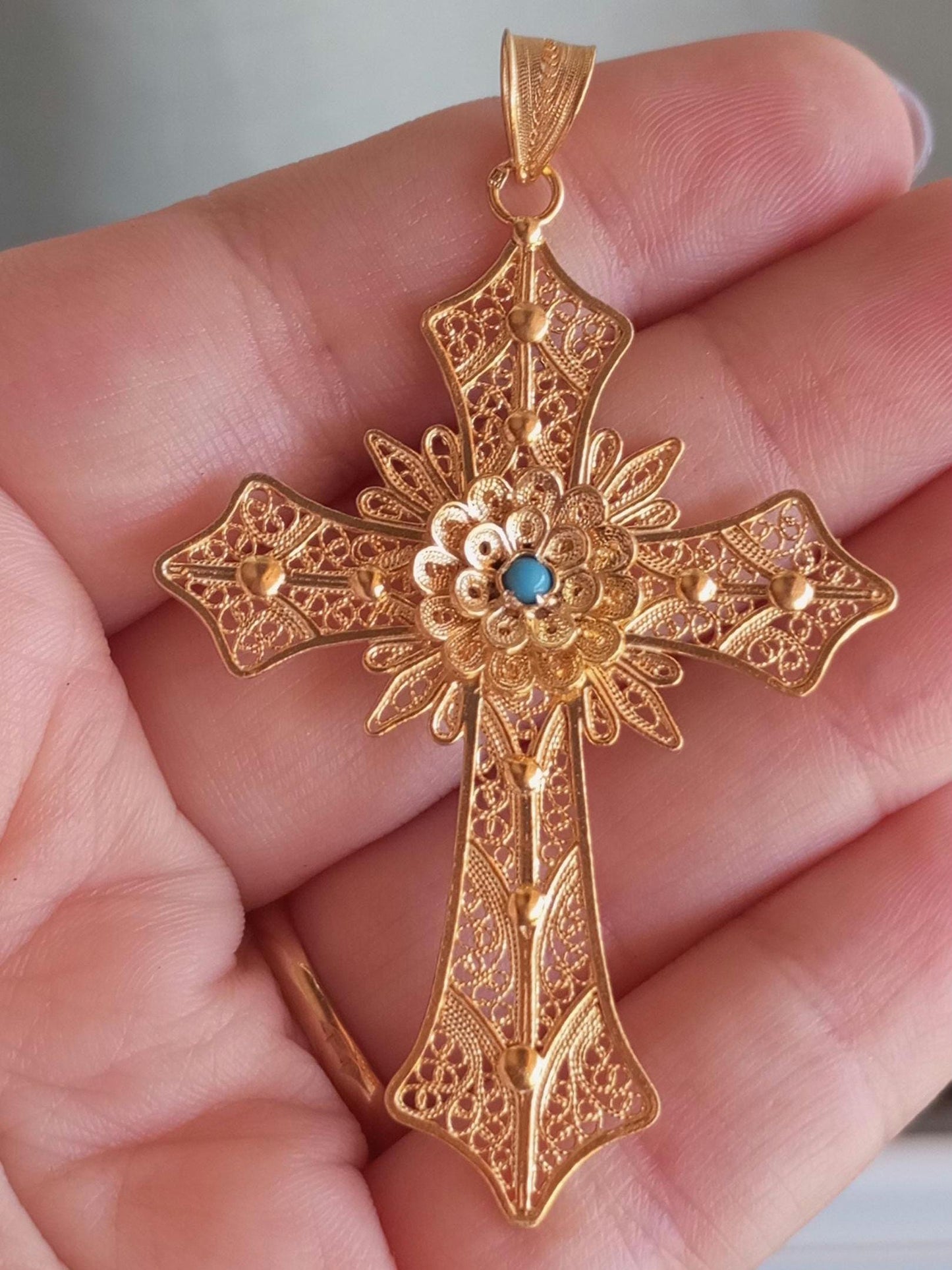 Handmade Big Cross Portuguese Filigree Gold-Vermeil Silver Pendant