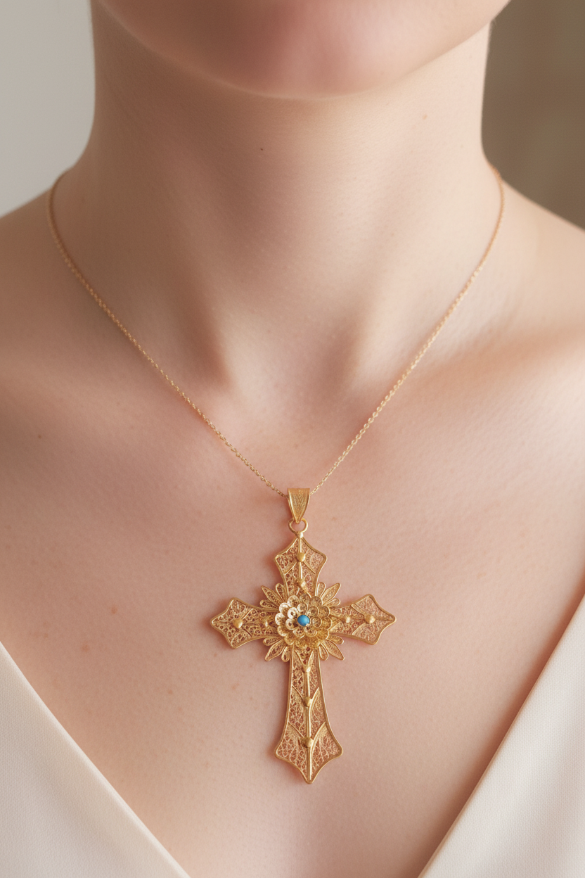 Handmade Big Cross Portuguese Filigree Gold-Vermeil Silver Pendant