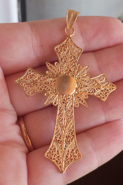 Handmade Big Cross Portuguese Filigree Gold-Vermeil Silver Pendant