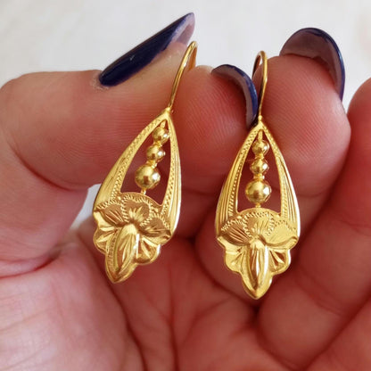 Gold Vermeil Vintage Style Earring Olive Trea Leaf Traditional Portuguese Goldplated 925 Silver Earring