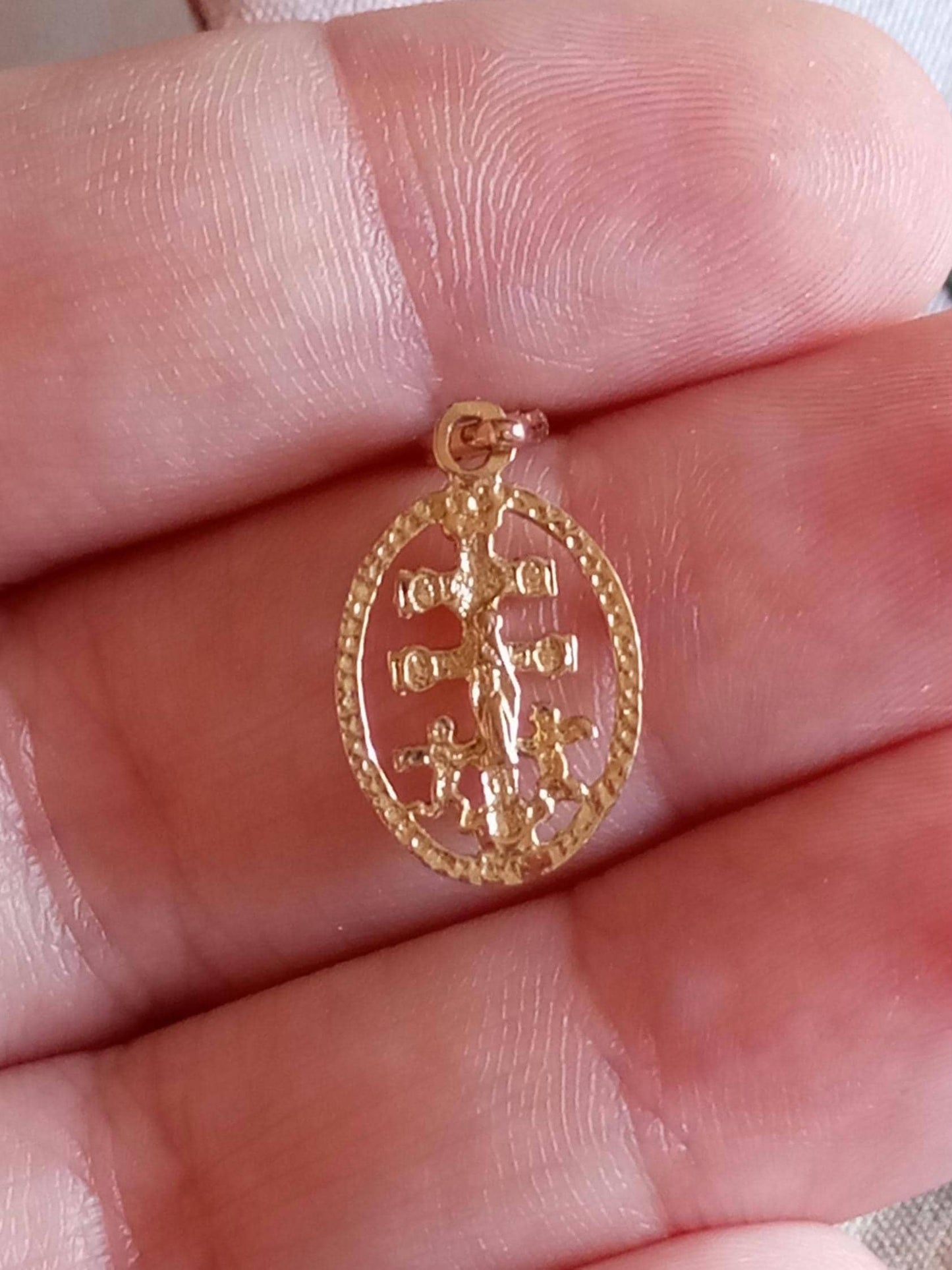 Solid Gold Caravaca Cross Pendant  19Kt Gold Yellow Crucifix Pendant