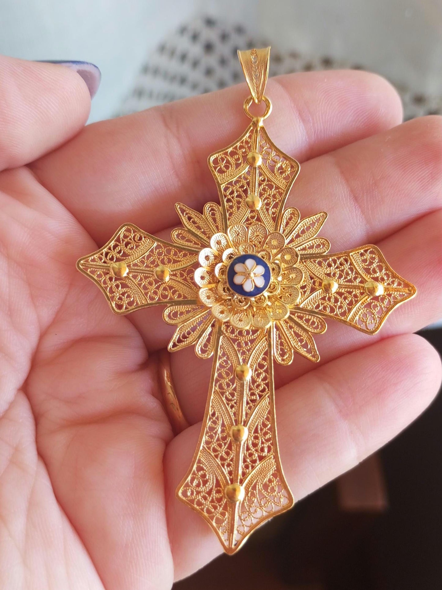 Handmade Big Cross Portuguese Filigree Gold-Vermeil Silver Pendant