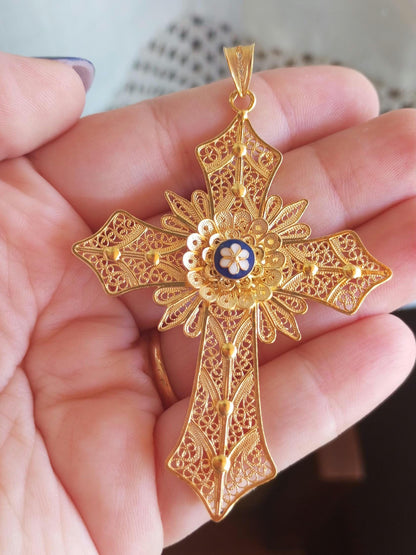 Handmade Big Cross Portuguese Filigree Gold-Vermeil Silver Pendant