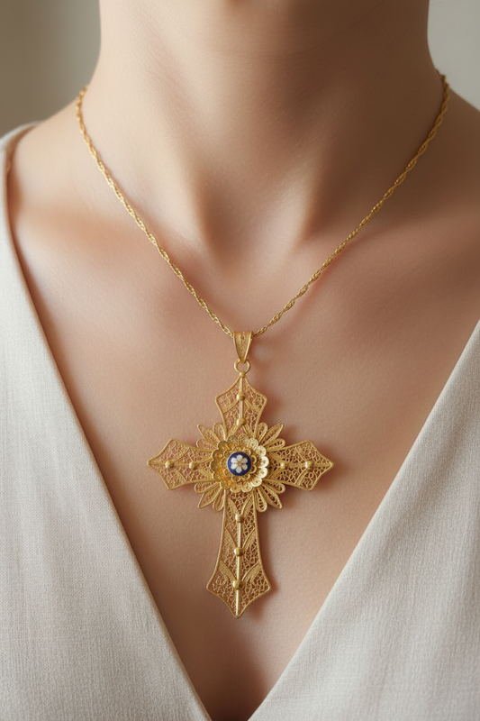 Handmade Big Cross Portuguese Filigree Gold-Vermeil Silver Pendant