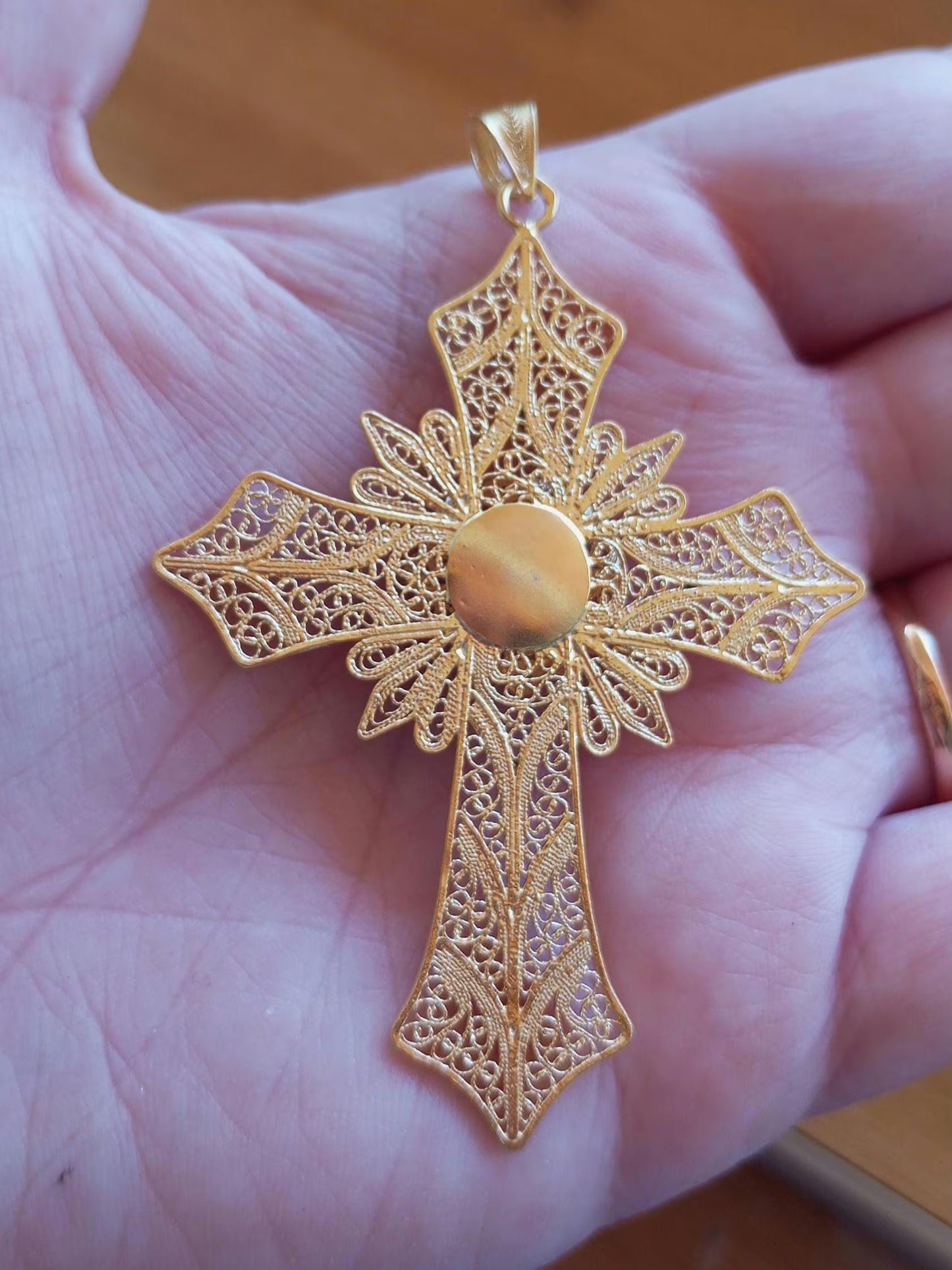 Handmade Big Cross Portuguese Filigree Gold-Vermeil Silver Pendant