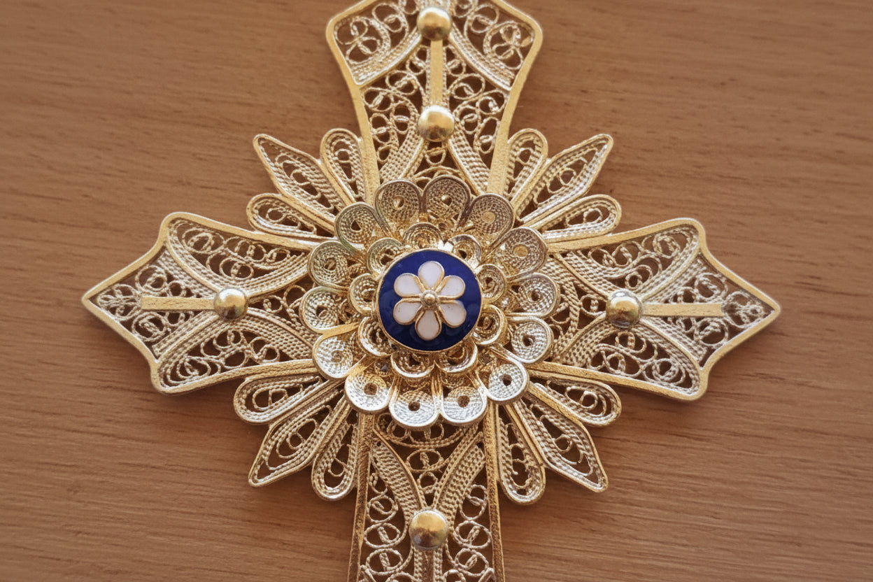 Handmade Big Cross Portuguese Filigree Gold-Vermeil Silver Pendant